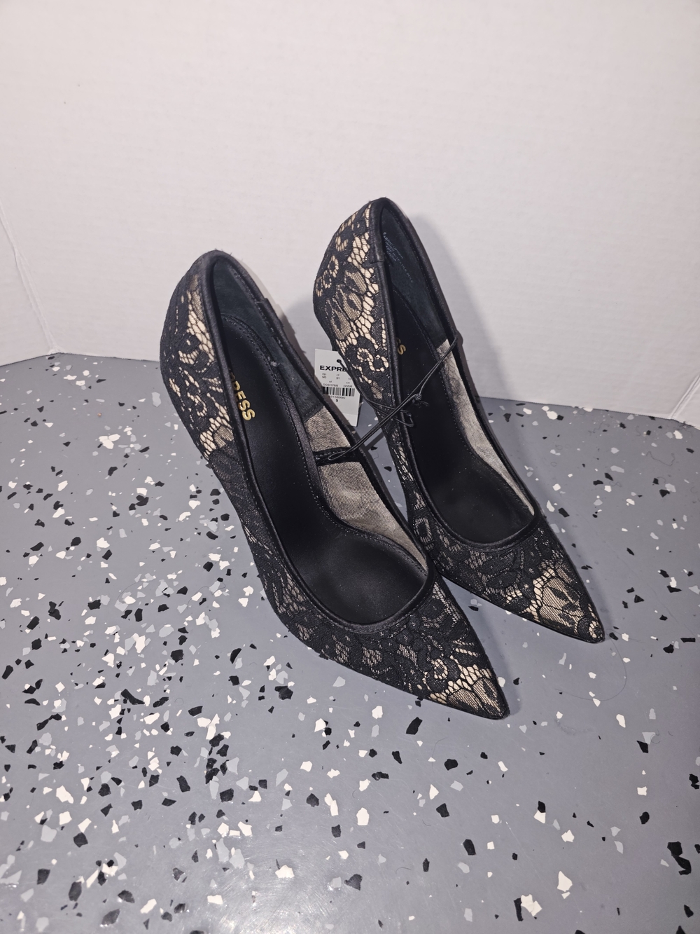 Express Black Lace Pointed-Toe Heels with Nude Underlay